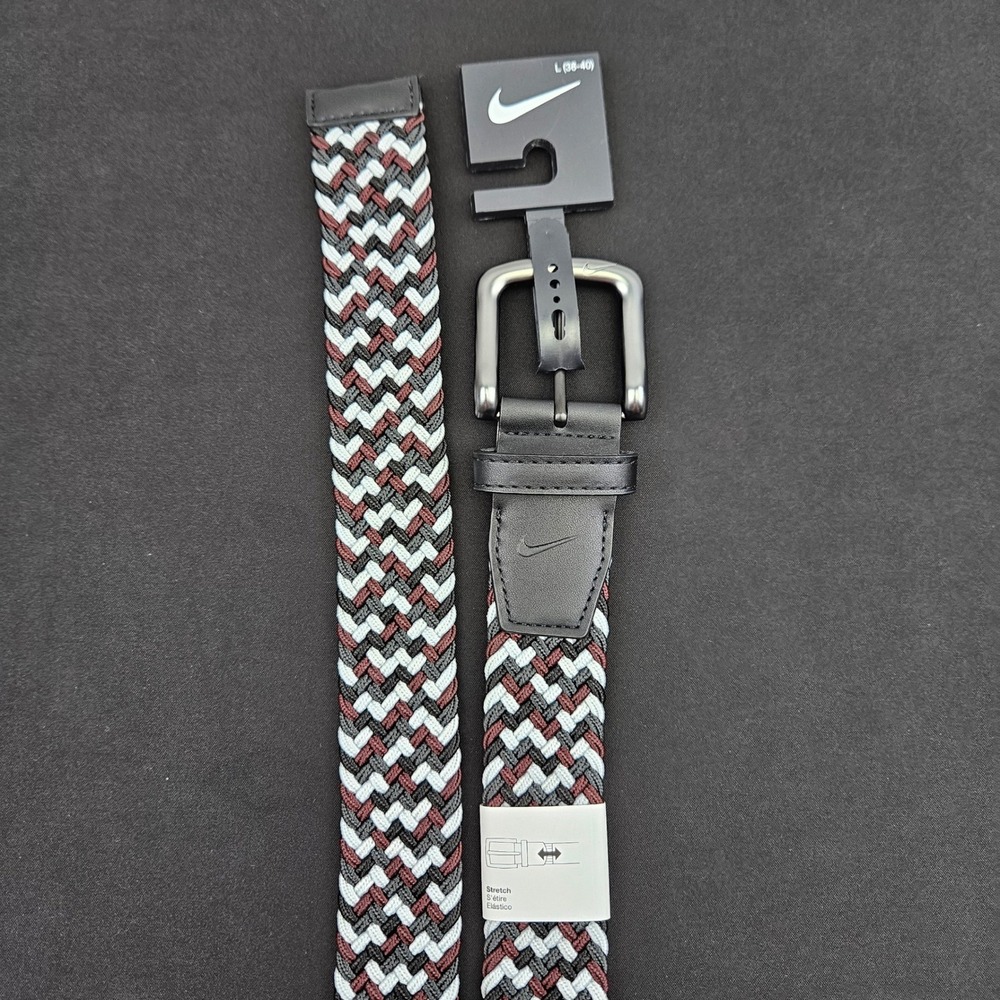 Nike Mens G-Flex Woven Braided Stretch Golf Belt Black Burgundy White Lrg 38-40